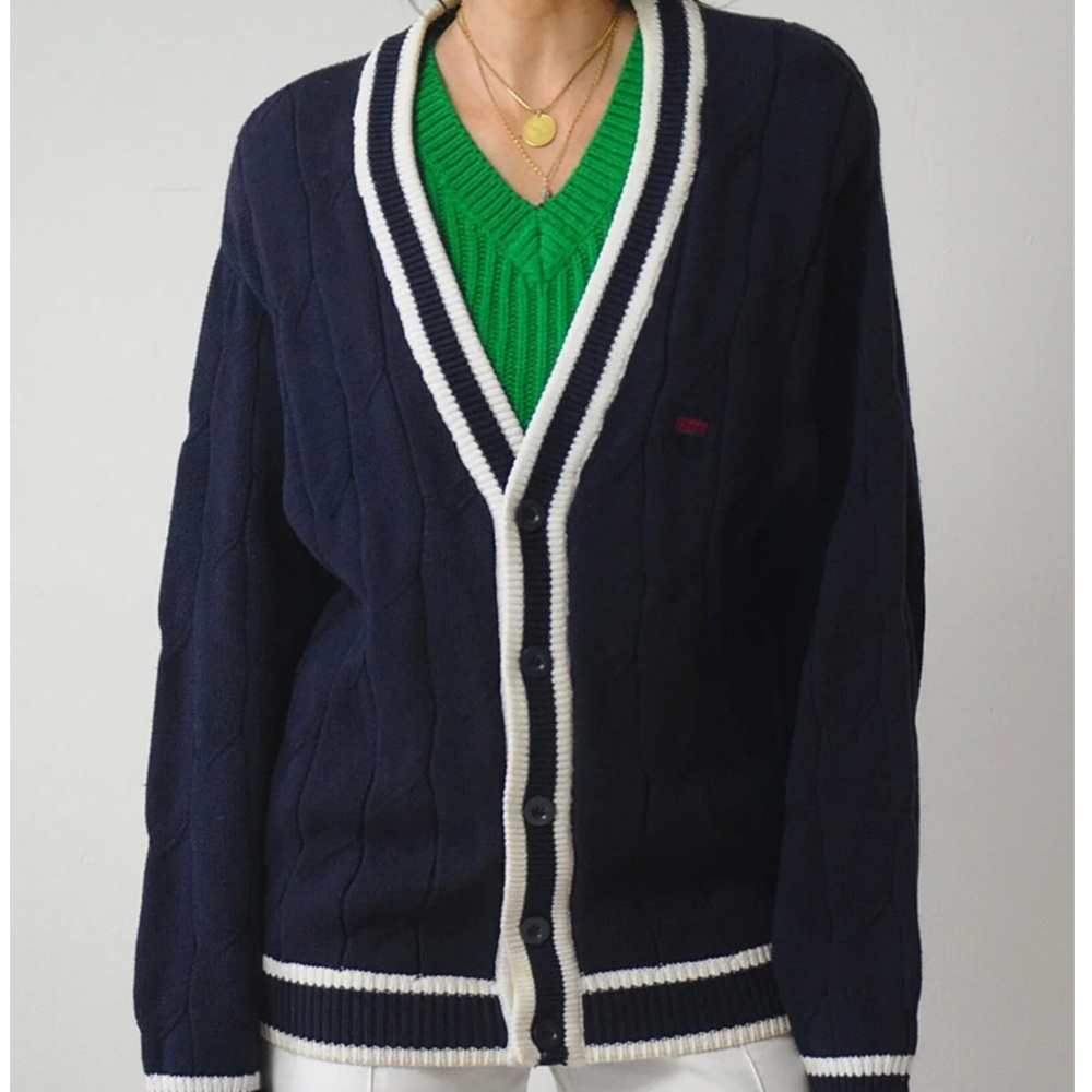 Vintage 1980’s Izod Navy and White Cable Knit Cardigan Size Large